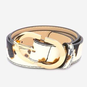 Cow Patterned Vegan Leather Animal Print Statement Belt with Gold Buckle